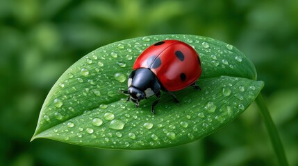 Fototapeta premium Vivid Red Ladybug on Leaf with Drops of Water