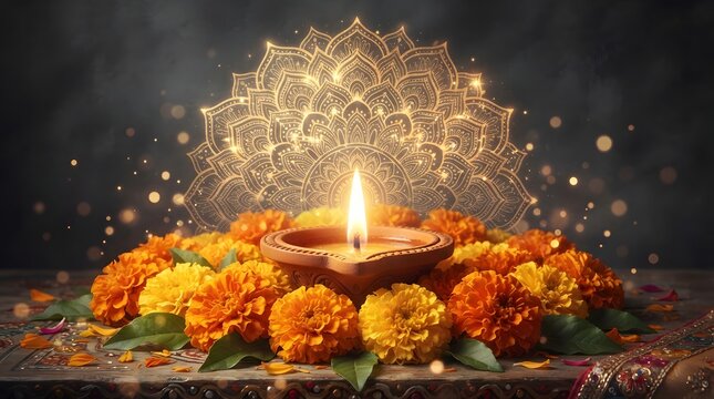 Traditional diwali diya lamp surrounded by vibrant marigold flowers and glowing mandala art