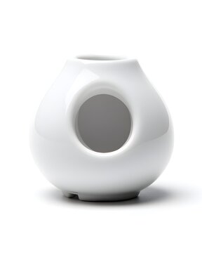 White ceramic oil burner with round opening and smooth matte finish, aromatherapy accessory isolated on white background