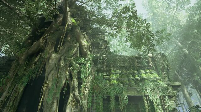 Massive banyan tree enveloping temple entrance, roots cascading over stone lintel, mosscovered masonry, dappled sunlight filtering through dense canopy, humid