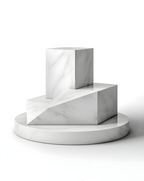 White marble stepped podium with geometric form, product display stage isolated on white background