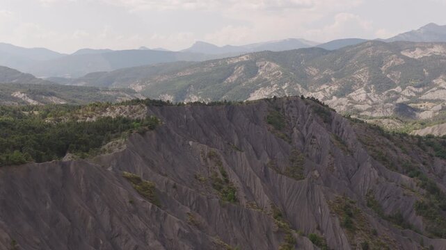 Aerial of sharp ridges parallel gullies and sparse pines across gray marl badlands