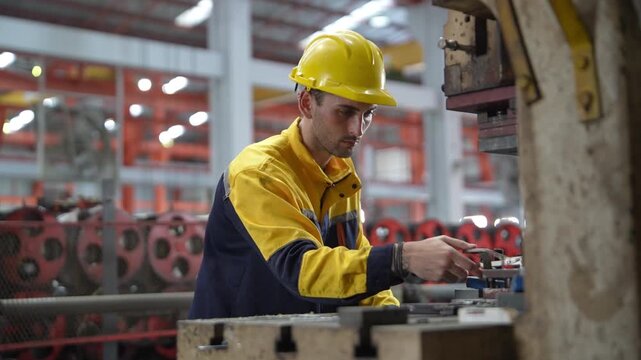 Industrial engineer wearing a yellow hard hat and safety uniform examines machinery during a quality control inspection and factory audit.