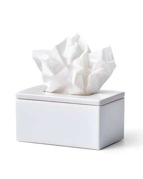 White tissue box with soft protruding tissues, hygiene product isolated on white background