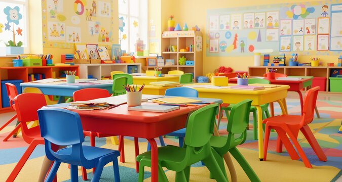 Colorful classroom chairs and desks; bright, playful learning environment; preschool or kindergarten setting; back to school; education concept.
