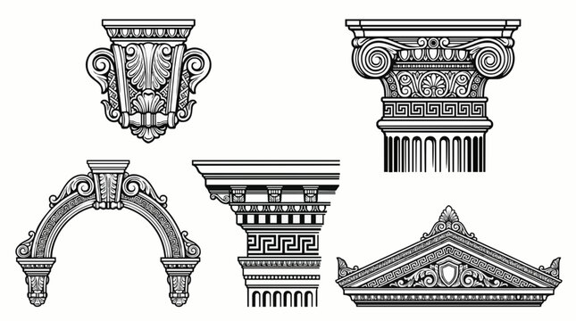Set of classical architectural black vector elements including Ionic column capital, Roman arch, pediment gable, and decorative stone carving details isolated on white background.