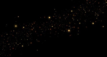 Golden glitter particle trail flowing across black background. Glowing magic dust wave with shimmering bokeh effect © 112211 studio 
