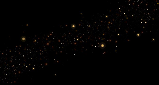 Golden glitter particle trail flowing across black background. Glowing magic dust wave with shimmering bokeh effect
