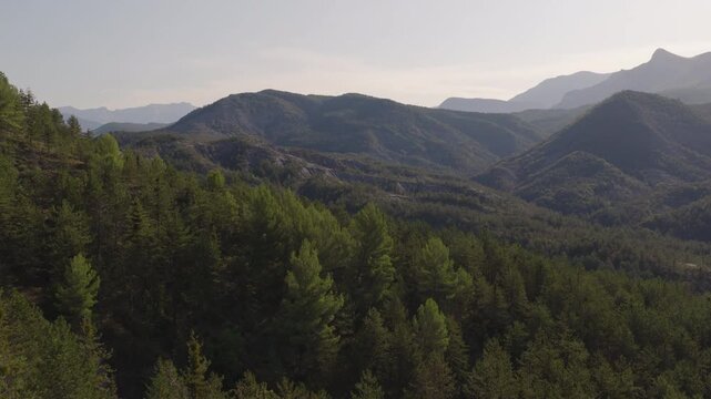 Forested ridges and gray eroded slopes with layered mountain backdrop