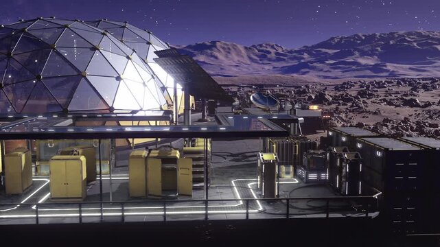 geodesic observatory dome with monitoring array and sensor masts, illuminated instrument panels on platform, distant starfield and mountain horizon, precise