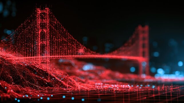 Red digital network rendering of a suspension bridge and surrounding city