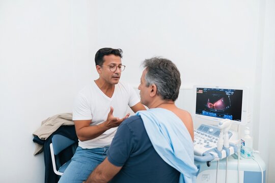 Middle Eastern man reviewing a breast ultrasound scan with a sonographer in a bright white clinic, showing a glowing screen for diagnostic imaging and healthcare