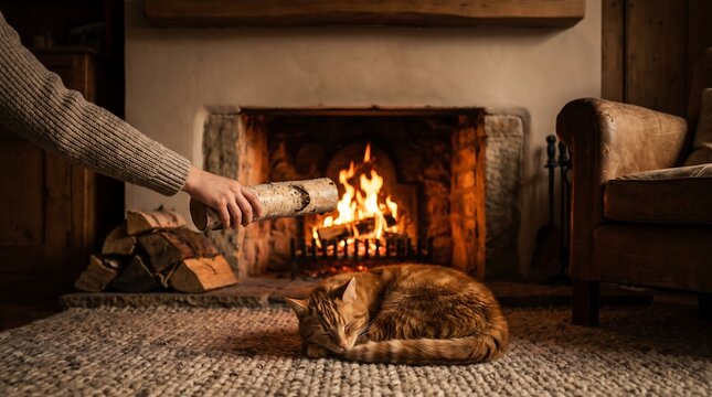 Person adding firewood to a cozy fireplace with a sleeping cat on the rug