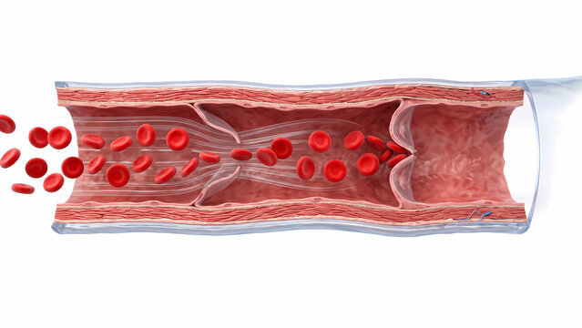 Longitudinal Cross Section 3D Illustration of Vein Valve with Flowing Red Blood Cells