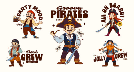 Naklejka premium Cartoon groovy Y2K pirate and corsair sailor stickers with funny, characters. Pirate stickers with sailboat crew of captain, skipper and boatswain with skull crossbones and Caribbean girl corsair