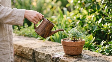 Naklejka premium Person watering small succulent plant in terracotta pot with vintage copper watering can, gardening hobby, plant care routine, sustainable lifestyle, organic farming, home garden