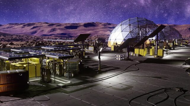 starfield observatory dome with glowing arrays highgain antennas, unmanned research modules, illuminated walkways, signal relays, silent exploration mood,