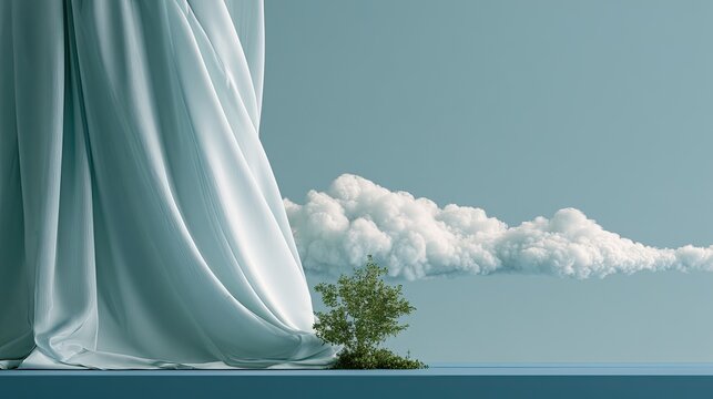 Soft, flowing fabric frames a surreal scene of a small tree beneath a fluffy cloud