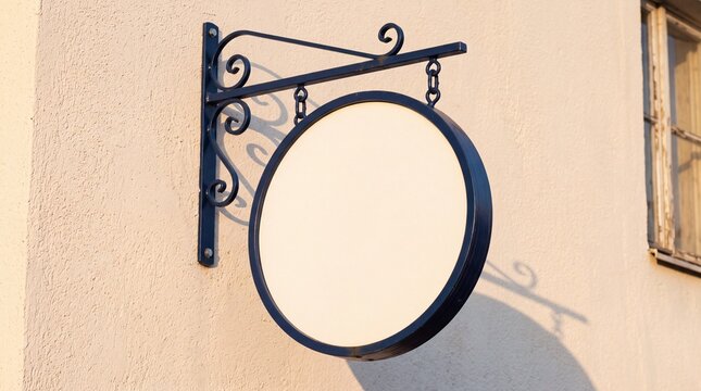 Blank round metal signboard hanging on a vintage decorative iron bracket on a wall.