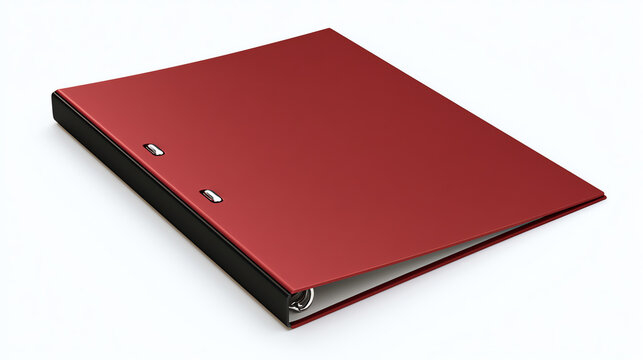 A vibrant red folder rests on a clean white surface, ideal for organizing documents and enhancing workspace aesthetics. Perfect for office settings.