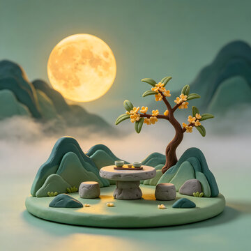 Clay miniature mountain tea setup on circular base with moon and mist