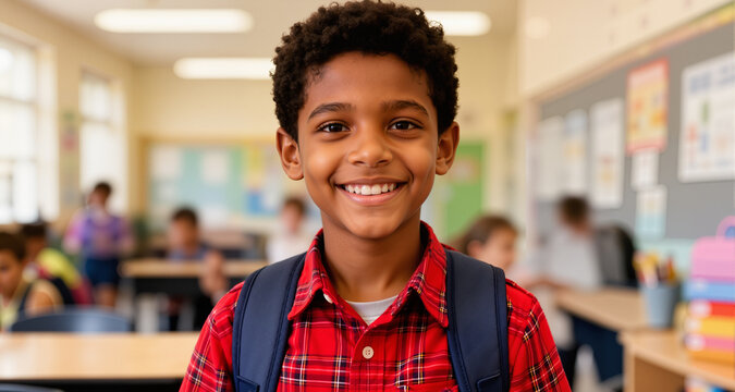 A biracial boy with a red plaid shirt and backpack smiles at school
