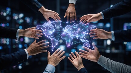 Fototapeta premium Diverse business hands reaching towards glowing holographic world map, global network connection and international teamwork, digital technology communication and unity in modern