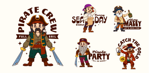 Naklejka premium Cartoon y2k pirate and corsair groovy stickers with nautical slogans featuring sea captains Full sail, Pirate crew, Sea time, Funny day, Ahoy Matey, All on Board, Catch the gold. Tshirt print or badge