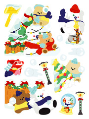 Naklejka premium Cute Teddy Bears Christmas Snow Day Vector Illustration Set