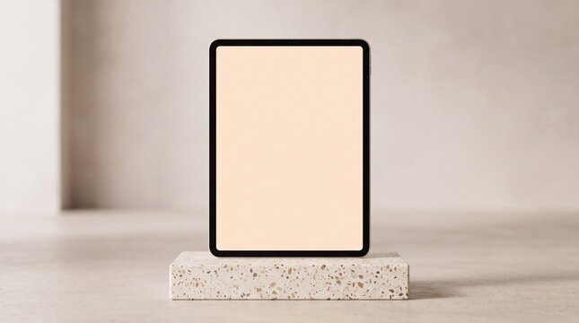 Modern tablet mockup with blank screen on a stone pedestal in a minimalist studio setting.