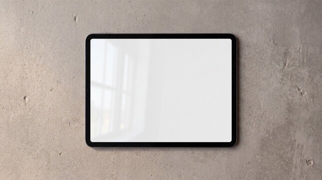 Blank digital tablet screen mockup displayed on a textured concrete wall background.