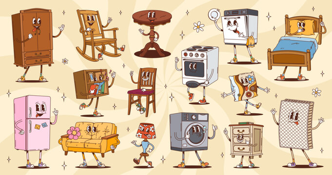 Cartoon groovy furniture and room interior characters. Retro y2k psychedelic couch, sofa, chair and table vector personages. Happy groovy bed, mattress, lamp and shelf, cute pillow and wood closet