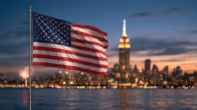 American Flag Waving at Dusk in City Skyline