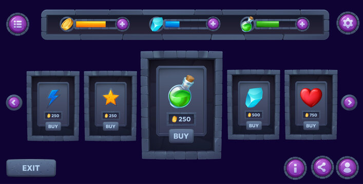 Stone game shop interface window and icons, loading bars, medieval store panel ui, sale board rocky frame. Fantasy cartoon purchase cards, resources, navigation buttons, hud elements and gui assets