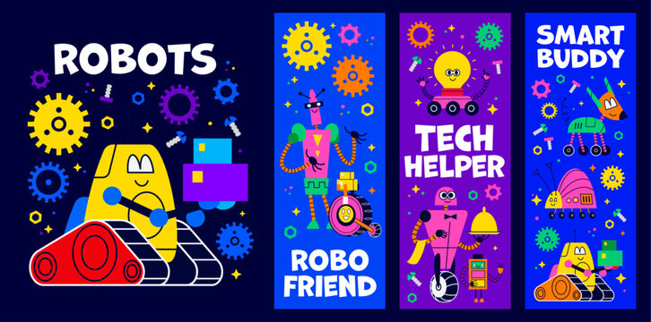 Kids education and game banners with funny robot droids. Cartoon retro cute AI bot animal, humanoid robot, virtual assistant and cyborg toy characters, friendly artificial intelligence droids banners