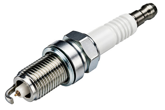 Automotive Engine Ignition Component with Ceramic Insulator and Steel Thread Isolated on Transparent Background