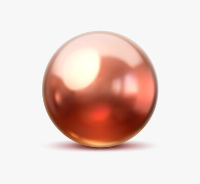 3D copper metal or pearl ball, bubble glossy sphere. Shiny bronze orb with reflective polished chrome finish, smooth surface and mirrored reflection conveys luxury and soft shadow on white background