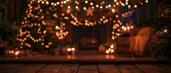 Naklejka premium Empty dark wooden ledge in a cozy festive room with glowing Christmas decorations, providing warm copy space for holiday banners