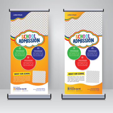 School admission roll up banner template vector illustration with colorful rainbow waves, circular feature badges, and photo placeholders