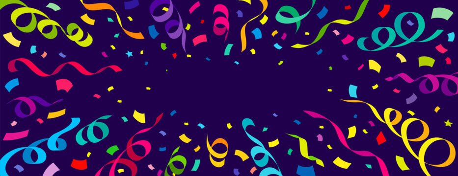 Holiday party event surprise or carnival confetti background with ribbons or garland flags. Carnival confetti of falling color paper streamers in explosion splash for birthday festive celebration