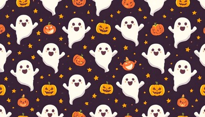 Obraz premium Cute Halloween seamless pattern with friendly ghosts, jack-o-lantern pumpkins, and stars