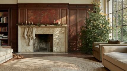 Naklejka premium Stone hearth with Christmas stockings in a cozy paneled living room, featuring a decorated fir tree and warm earthy tones for holiday home decor