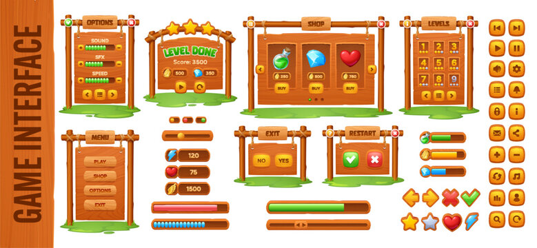 Wooden game UI interface buttons and level window, retro signboard loading scale and menu frame, adventure game indicators and rewards. Complete UI interface with progress bars for indie games