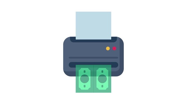 A printing press constantly churning out dollar bills; printing money to stimulate the economy leads to inflation.