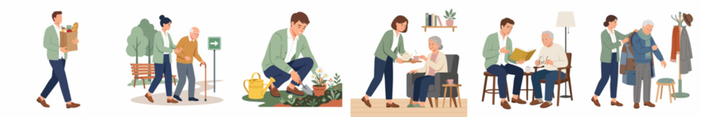 Obraz premium Set of illustrations depicting social workers and volunteers assisting senior citizens with daily activities like gardening, walking, and eating.