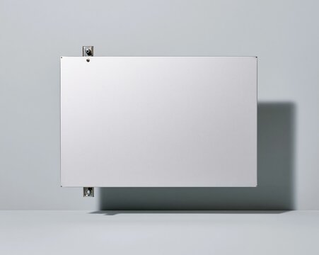 Blank white aluminium sign panel with a galvanized mounting bracket, featuring a clean eggshell finish on a grey background for a mockup template