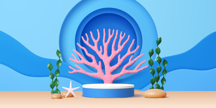 Cosmetic product podium stage with coral and seaweeds in underwater, vector background. Realistic podium stage with sea or ocean waves for product display, underwater coral and seaweeds with starfish