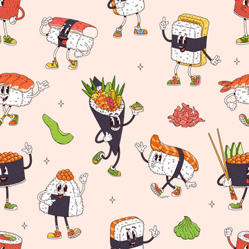 Cartoon cute groovy Japanese rice sushi and roll food characters in pattern background. Cartoon sushi onigiri with shrimp and wasabi, funny happy squid sashimi and salmon sushi or maki roll on feet