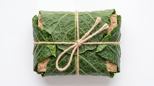 Healthy vegan tofu wrapped in green savoy cabbage leaves