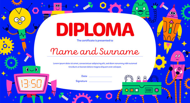 Kids diploma with funny cartoon robot droids and retro bots characters. Diploma certificate template for kids kindergarten or preschool award document with cute robots and robotic transformers